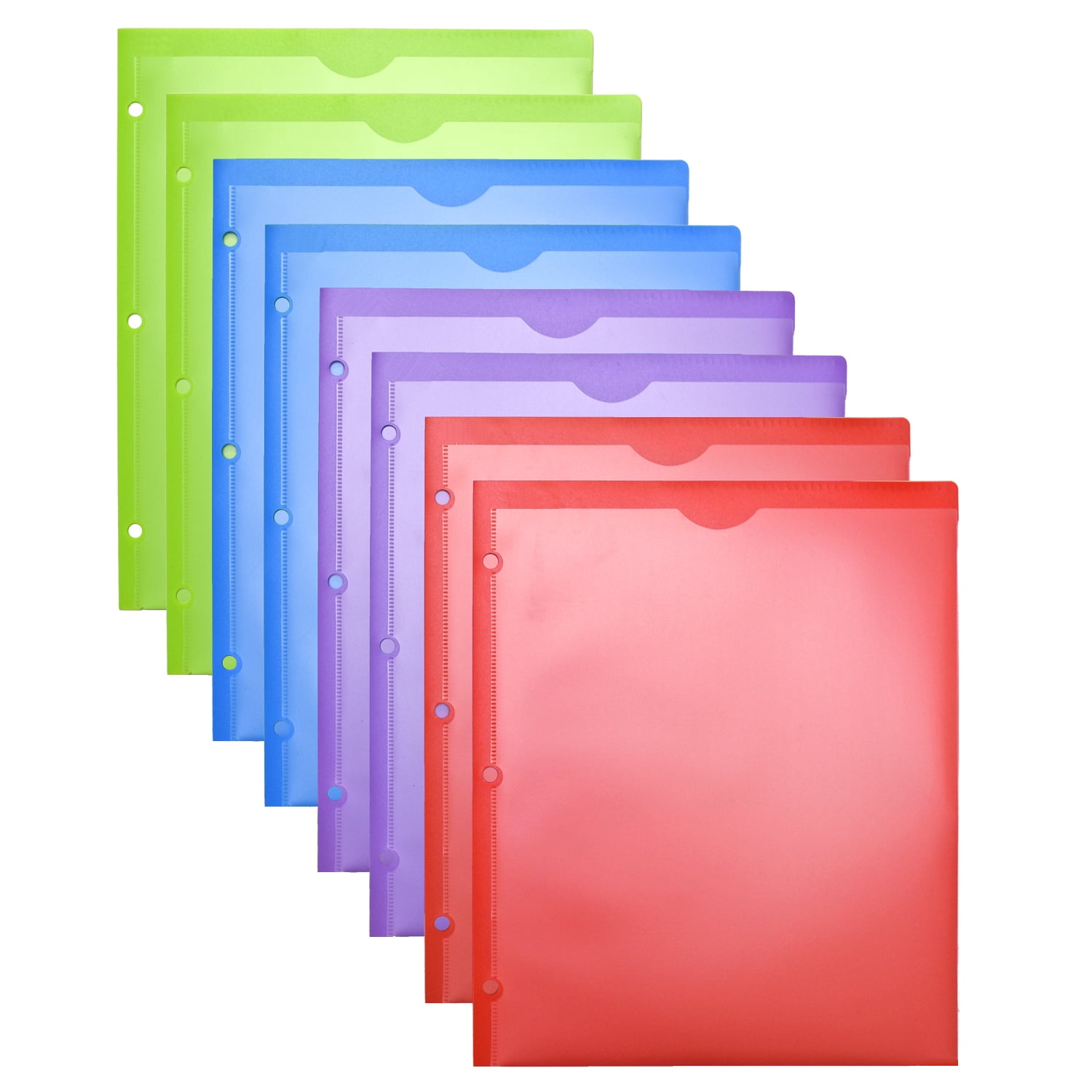 8 Pack MAKHISTORY Plastic 2 Pocket Folders with Clear Front Pocket Assorted Colors 3 Prong Folders for Letter Size Paper 