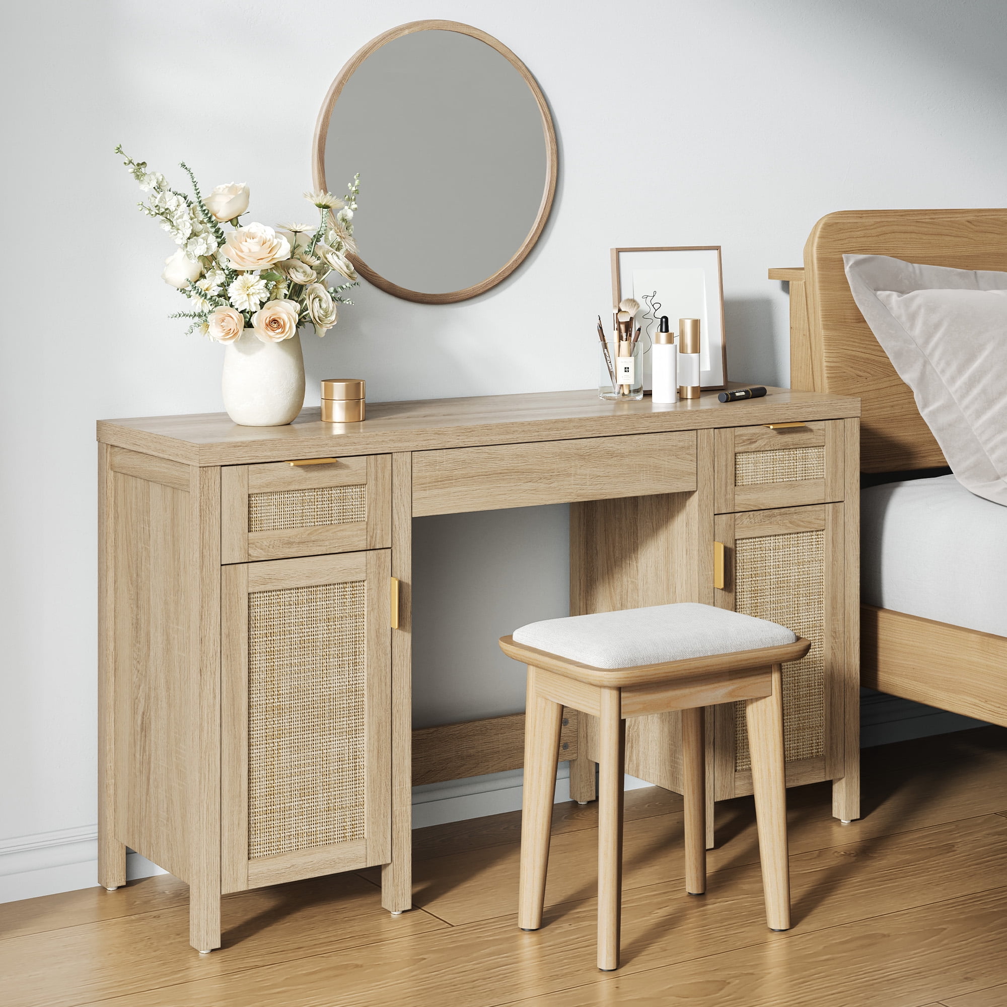 SICOTAS Boho Vanity Desk with 3 Drawers & 2 Storage Cabinets, 52" Rattan Makeup Desk with Adjustable Shelves, Farmhouse Dressing Table for Bedroom, Executive Computer Desk for Home Office, Light Oak