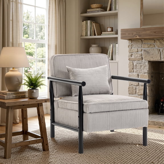 SESSLIFE Accent Chair with Storage Space, Upholstered Living Room Chairs with Waist Cushion & Wood Frame, Reading Armchair for Bedroom Sunroom, Gray