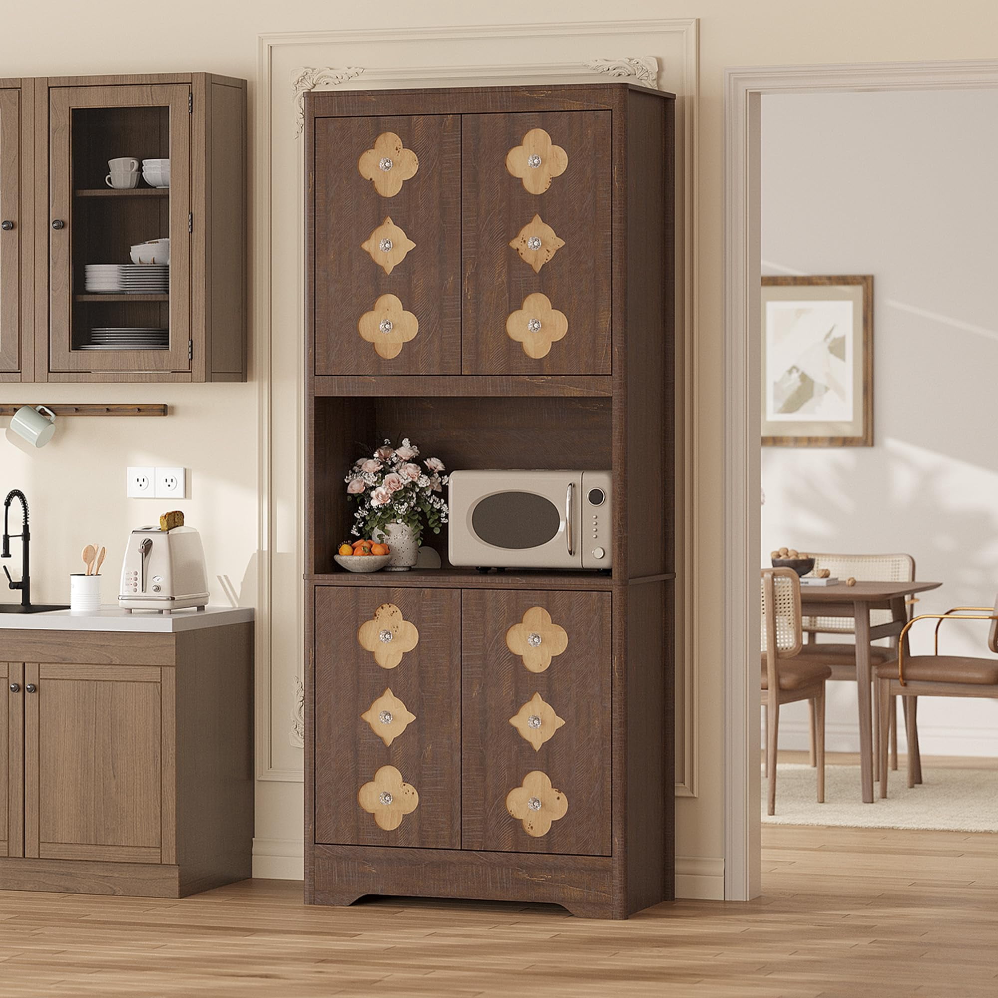 Kitchen Pantry Cabinet, 72" Tall Storage Cabinet with Countertop, Freestanding Wooden Hutch Cupboard with Carved Door & Crystal Handle, for Dining Room, Living Room