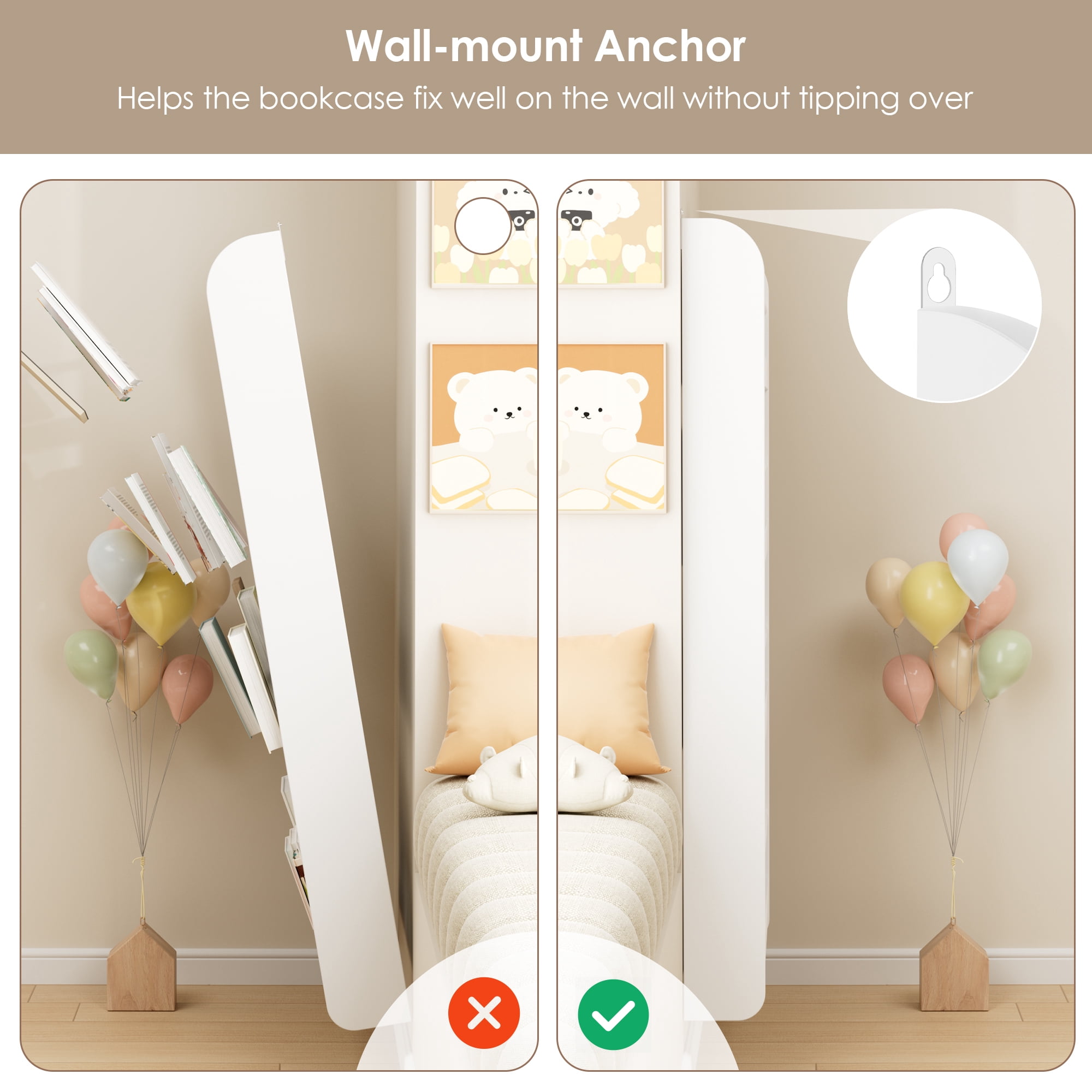 Homfa 4-Tier Wall Bookshelf, 44.5"H Wall-Mounted Kids Bookshelf, Book Storage Rack for Kids Room, White