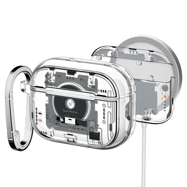 Funda Spigen para AirPods Pro 3 2025 compatible con MagSafe transparente Neo One, vista 3/4 frontal que muestra impresión DDP del interior; carcasa rígida y compacta con mosquetón y orificio para cordón, recortes precisos para puerto y luz LED visible, y respaldo circular con imanes MagFit para carga inalámbrica MagSafe. También suele usarse para enganchar y transportar los estuches en bolsos o llaveros.