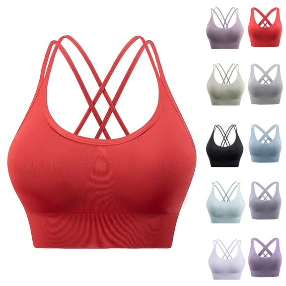 Feanceys Womens Sports Bras Criss Cross Back Wireless Brassiere Spaghetti Strap Solid Yoga Bra for Women Seamless Sleep Bras Blue L