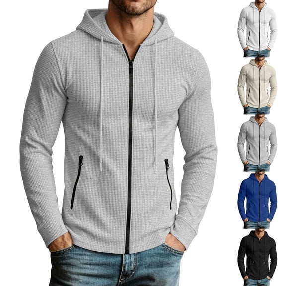 YSUEJPF Mens Waffle Hooded Sweatshirts Slim Fit Full Zip Long Sleeve Athletic Workout Cardigan Jackets Textured Activewear with Pockets