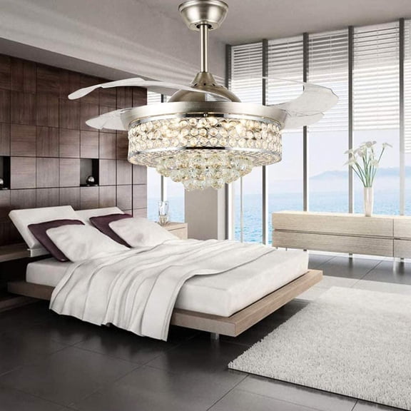 A Million 42" Crystal Ceiling Fan with Light Retractable Blades Brushed Nickel Modern LED Chandelier Remote 3 Colors 3 Speeds Change Silent Ceiling Fans Light