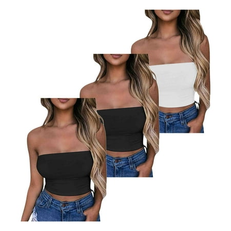 Lovskoo Womens 3 Pack Tube Tops Crop Tops Going Out Strapless Basic Backless Bandeau Bra Summer Outfits 2024 Y2K Clothes 2*Black + White