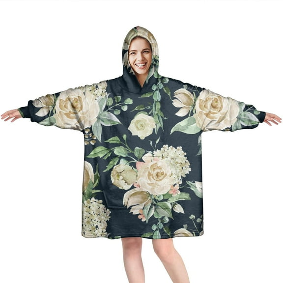 Wearable Oversized Blanket,Pioneer Flower Floral Print Pattern Wearable Blanket Hoodie for Adults,Cozy Hooded Blankets with Super Pockets,Super Warm Fuzzy Pullover for Women & Men