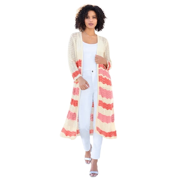 Roaman's Women's Plus Size Long Pointelle Cardigan Sweater