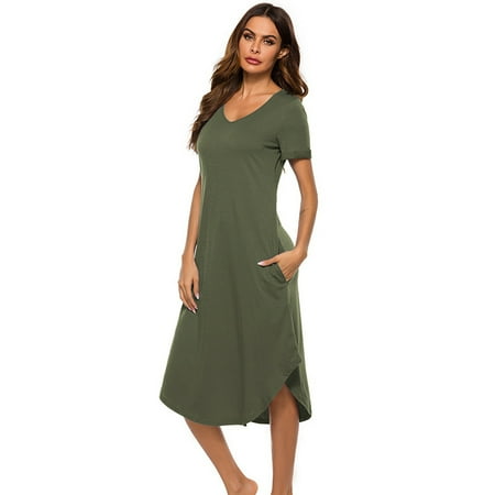 

Short Sleeve NightDress Women Loose V Neck Sleepwear Spring Casual Solid Dress