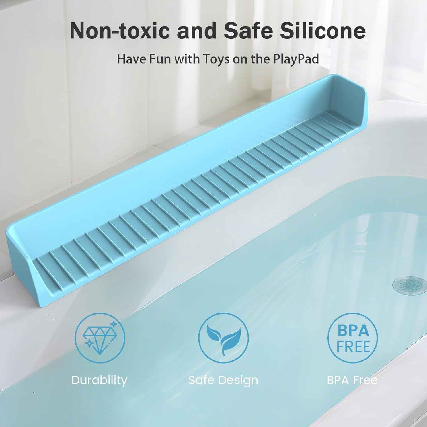 Bathtub Splash Guard with Toy Tray and Strong Suction Cups, Silicone Water Barrier Keeps Floor Dry, Bath Shelf Storage for Baby Toddler Bath Time, Foldable No Mess Accessory for Tub