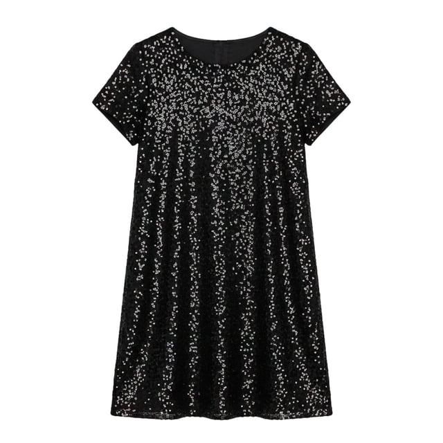 HXWCHs Robe Unie à Paillettes Scintillantes Robe de Fête Élégante pour Filles Robe Scintillante Perlée Célébrations Noir 13-14 Ans