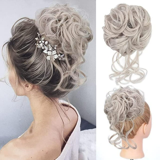 Chignon Désordonné de Deethens, Postiche Bouclé, Chouchous Bouclés, Pièces de Cheveux, Extension de Queue de Cheval, Chignon, Postiches pour Femmes et Filles (1 Paquet, Gris Argenté)