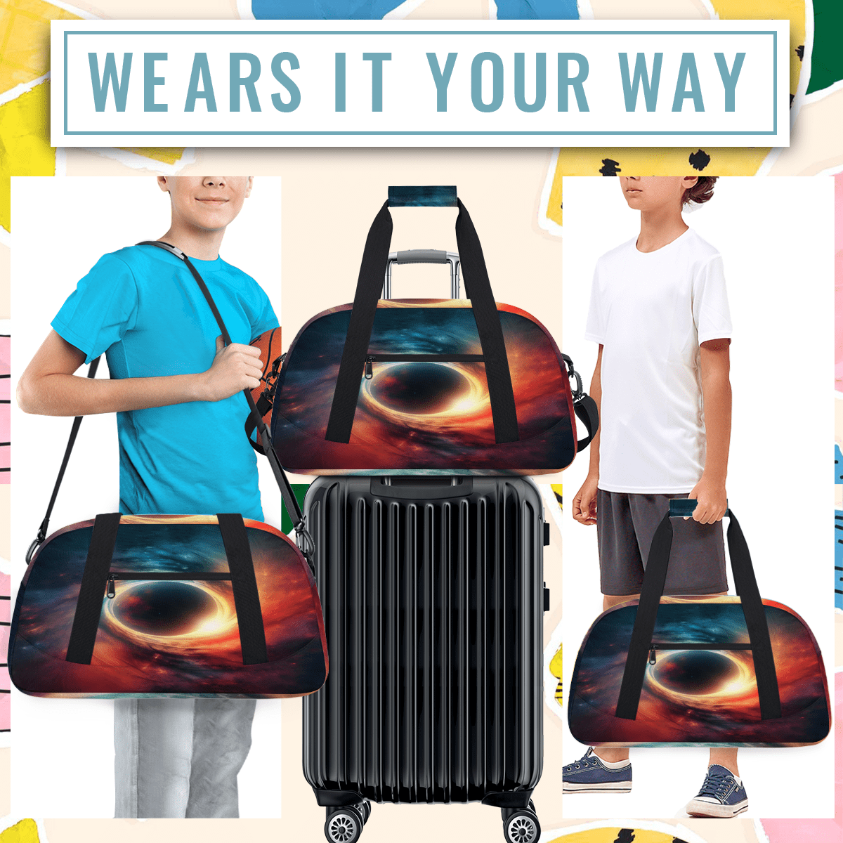 Herdesigns Galaxy Sports Duffle Bag for Women & Men, Planets Universe Space Gym Bag Dance Bag Overnight Bag Carry On Weekender Travel Bag