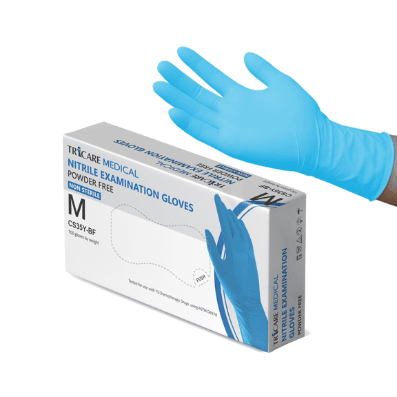 TRICARE Medical Nitrile Exam Gloves, Disposable, Medical Grade, 4.3 Mil, Box of 100, Blue, Medium
