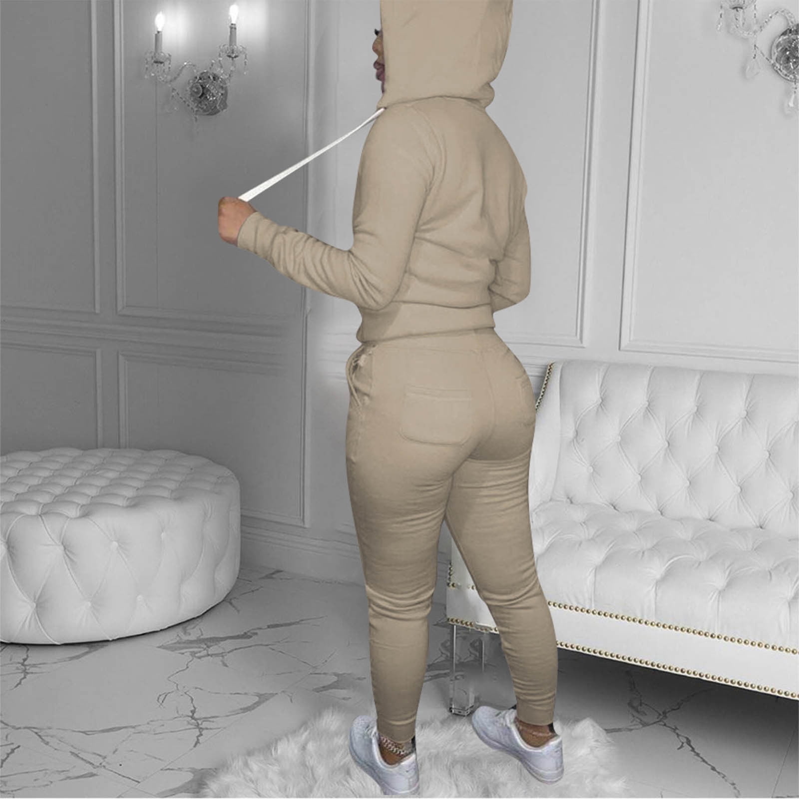 Plus Size Two Piece Sets for Women M-5X Joggers Sweatsuits with Hoodie Pockets Zip-Up Long Sleeve Jackets Slim Pants Solid Tracksuits Outfits