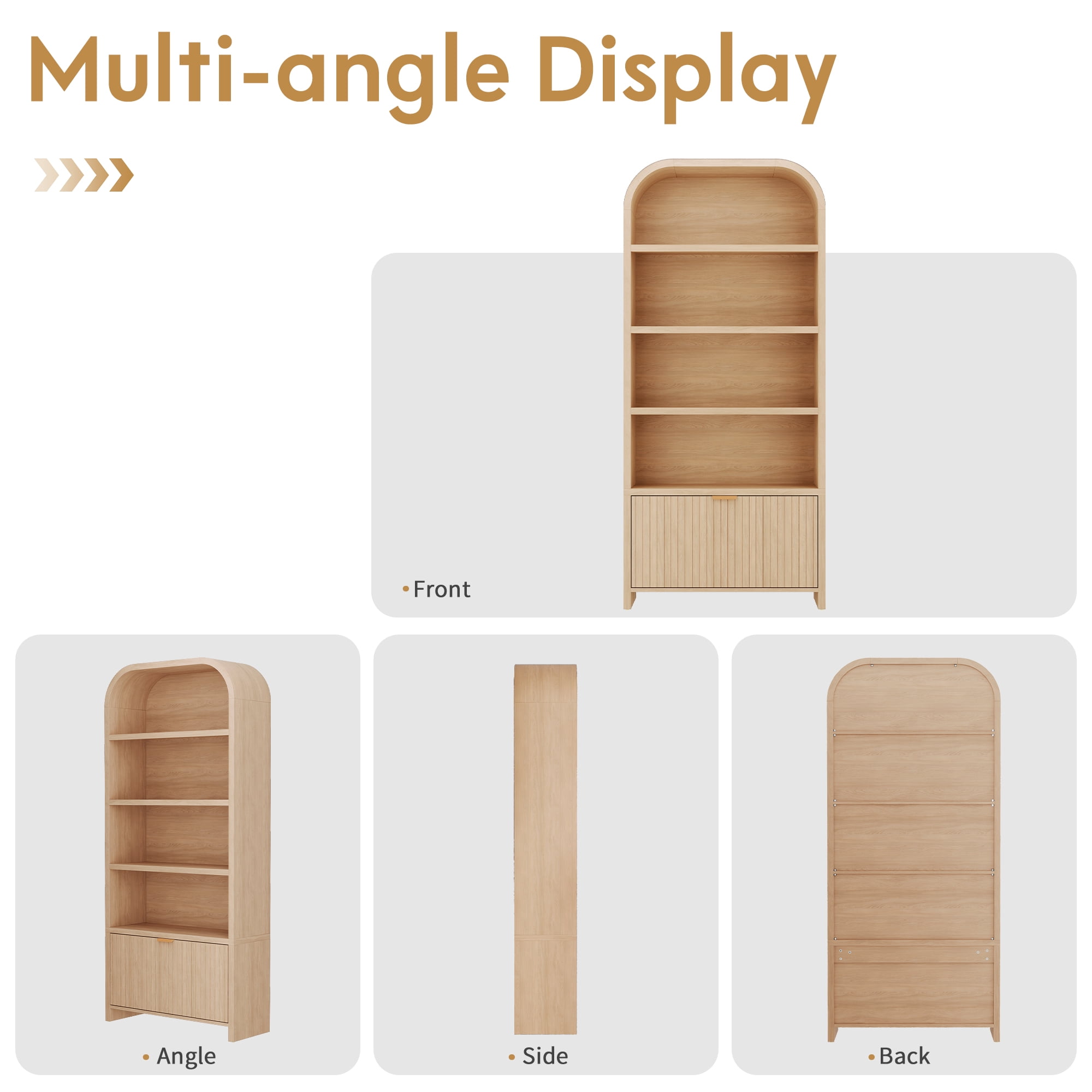 YOCWO 70" Tall Arched Bookcases with 1 Large Drawers & 4 Shelves, Wooden Bookshelf with Carved Line and Curved Top for Living Room Office, Natural