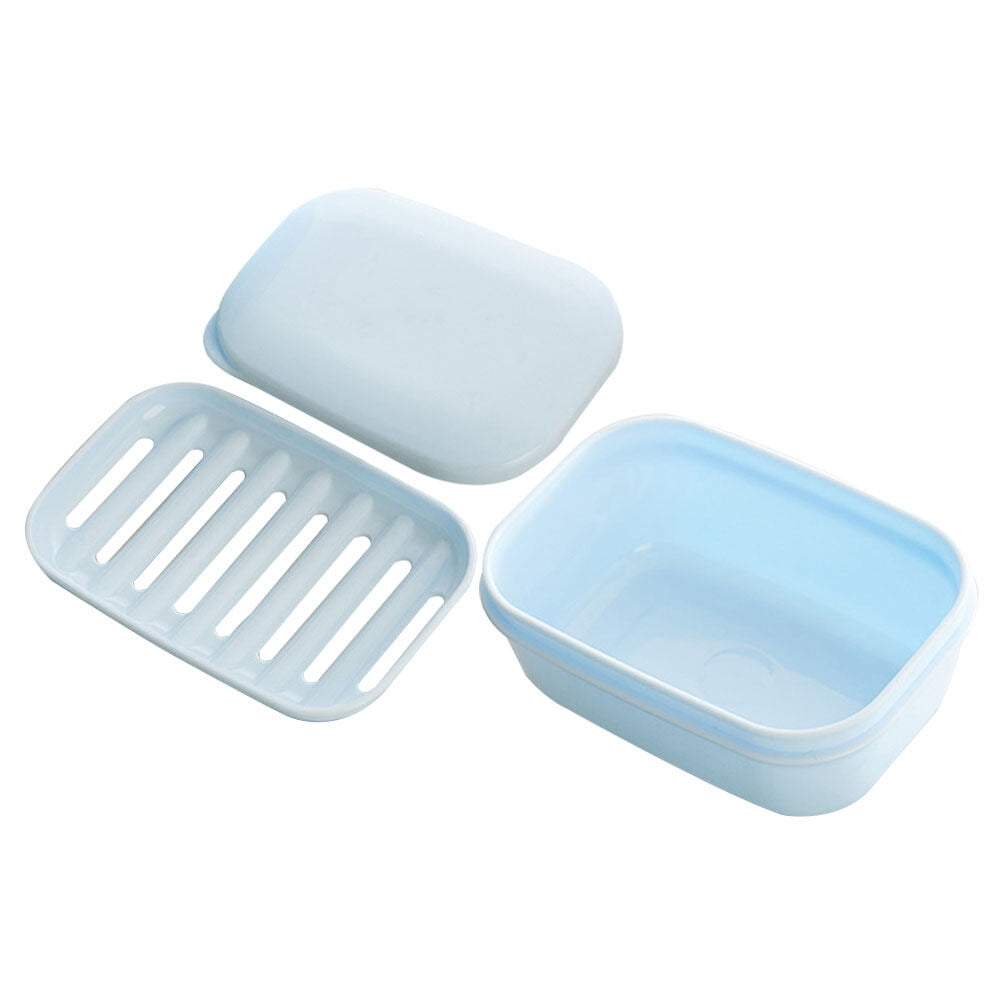 2 jaboneras de doble capa con tapa y desagüe para baño y cocina (azul