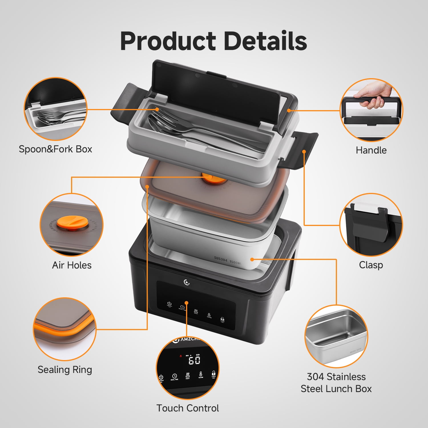 AMZCHEF Electric Food Warmer Lunch Box Portable Cordless Fast Heating Rechargeable Battery Leakproof Stainless Steel Plastic Reusable Lunch Boxes