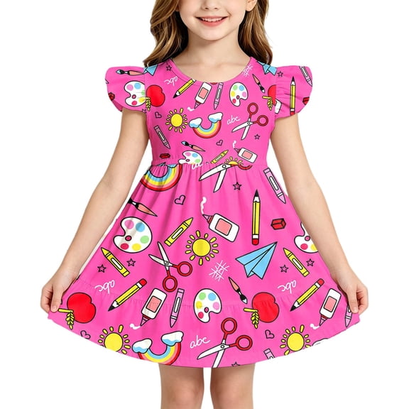 Bobifish Toddler Girls Dress Flutter Sleeve School Print Casual Summer Outfit Dress For Back To School Children Girls Dress