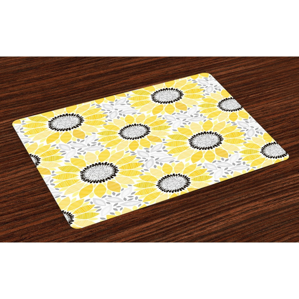 Yellow Placemats Set of 4 Colorful Illustration of Sun Flower with