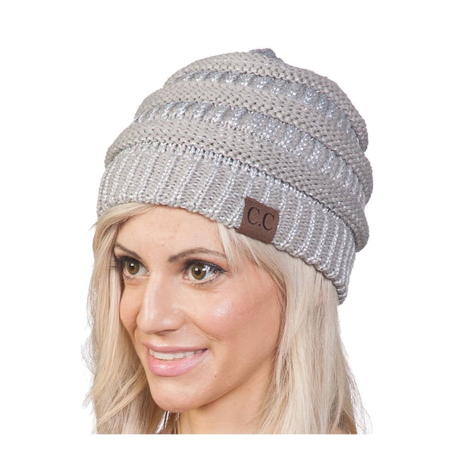 Thick Soft Knit Oversized Beanie Cap Hat ,Metallic Silver