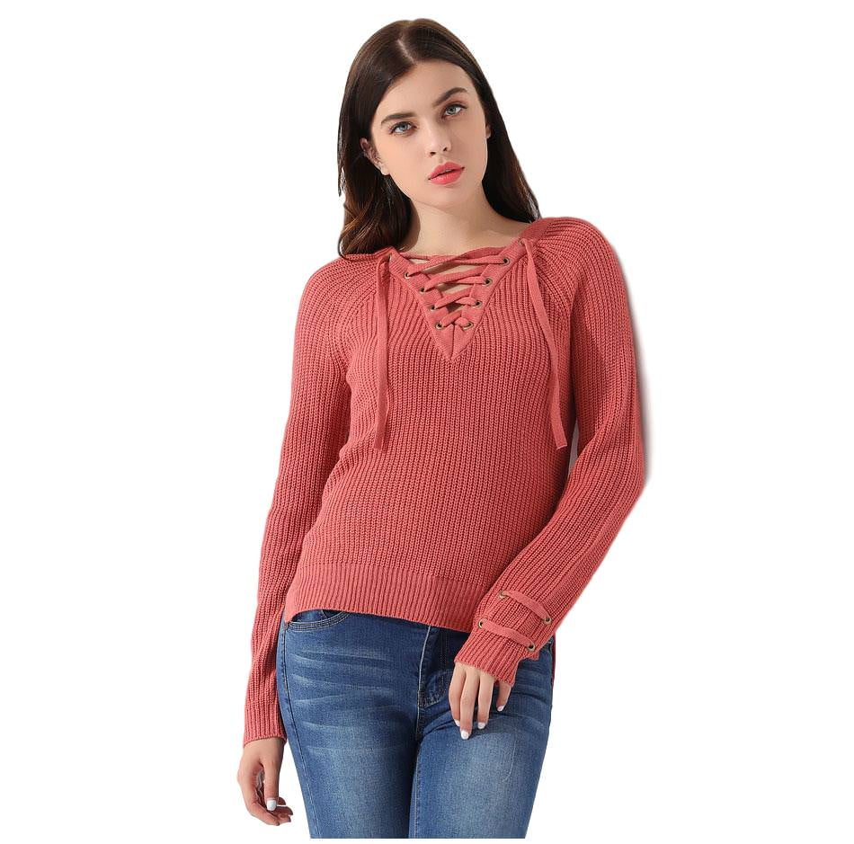 Pullover Long Sleeve Lace Up Knitted 