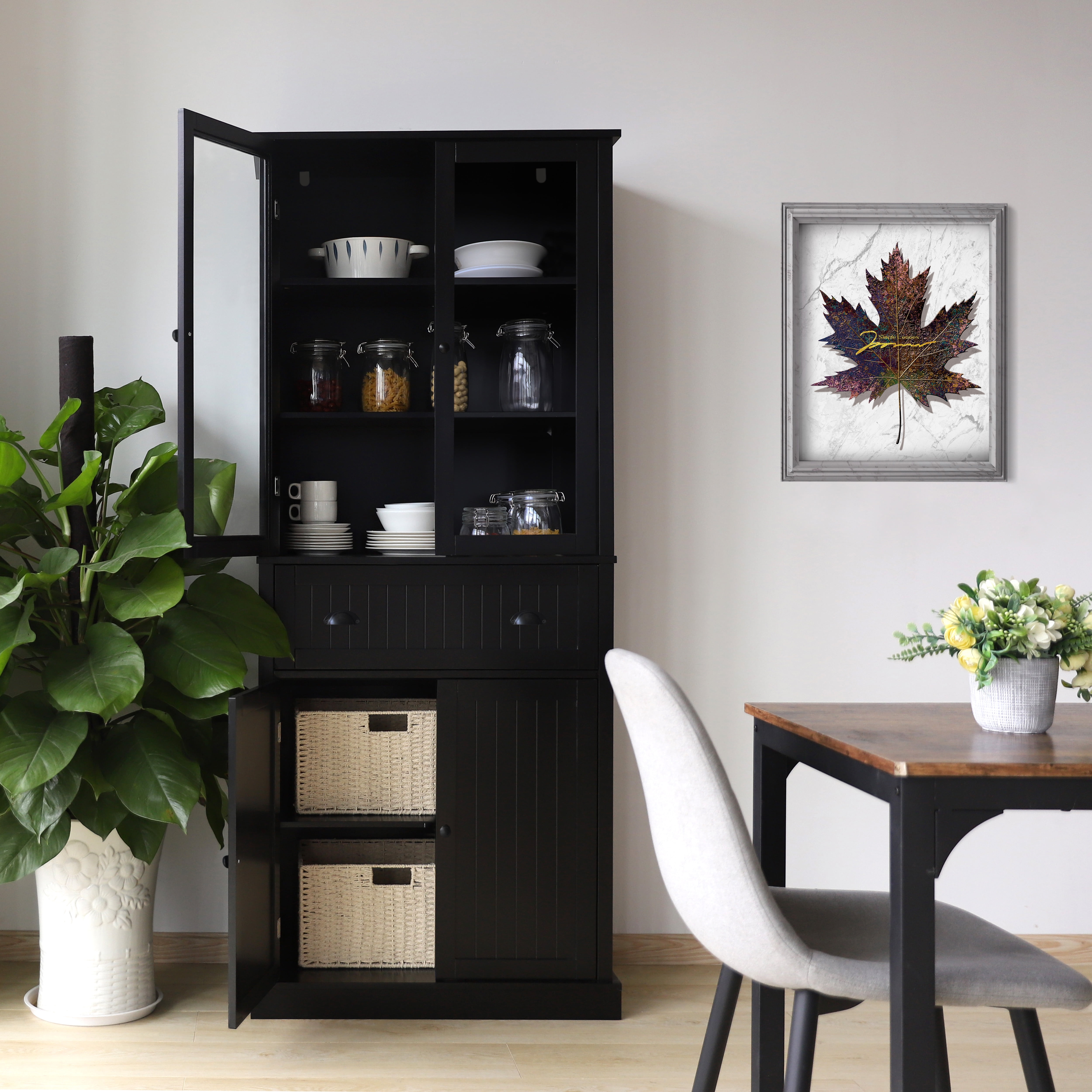 Tiita Small Kitchen Pantry Cabinet, Bamboo Wall Sideboard with Glass Doors,  Cupboard Food Pantry Cabinet for Kitchen, Living Room and Dinning Bedroom