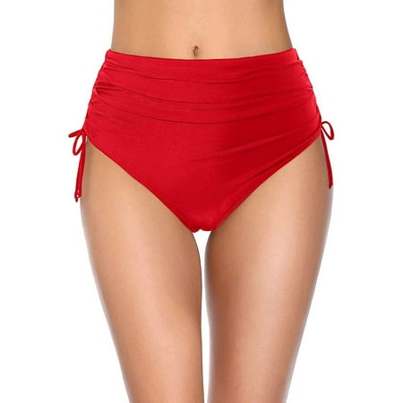 TODOZO Women High Waisted Bikini Bottoms Full Coverage Swim Bottom Tummy Swimsuit Bottom Women s Mid Waist Bikini Bottoms - Full Coverage Swim Bathing Suit Bottom Side Tied Swimsuit Bottoms Red S