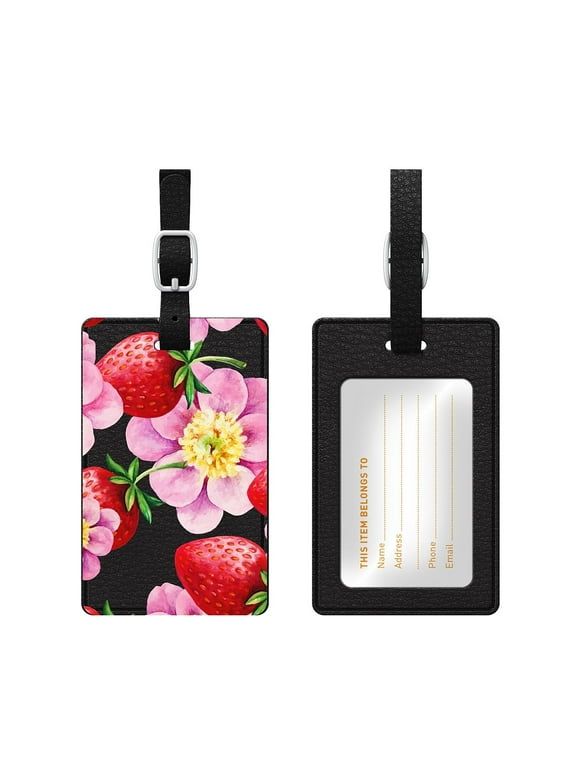 OTM Essentials OTM Black Leather Bag Tag Strawberry Flowers OP-BTV1BM-Z010A