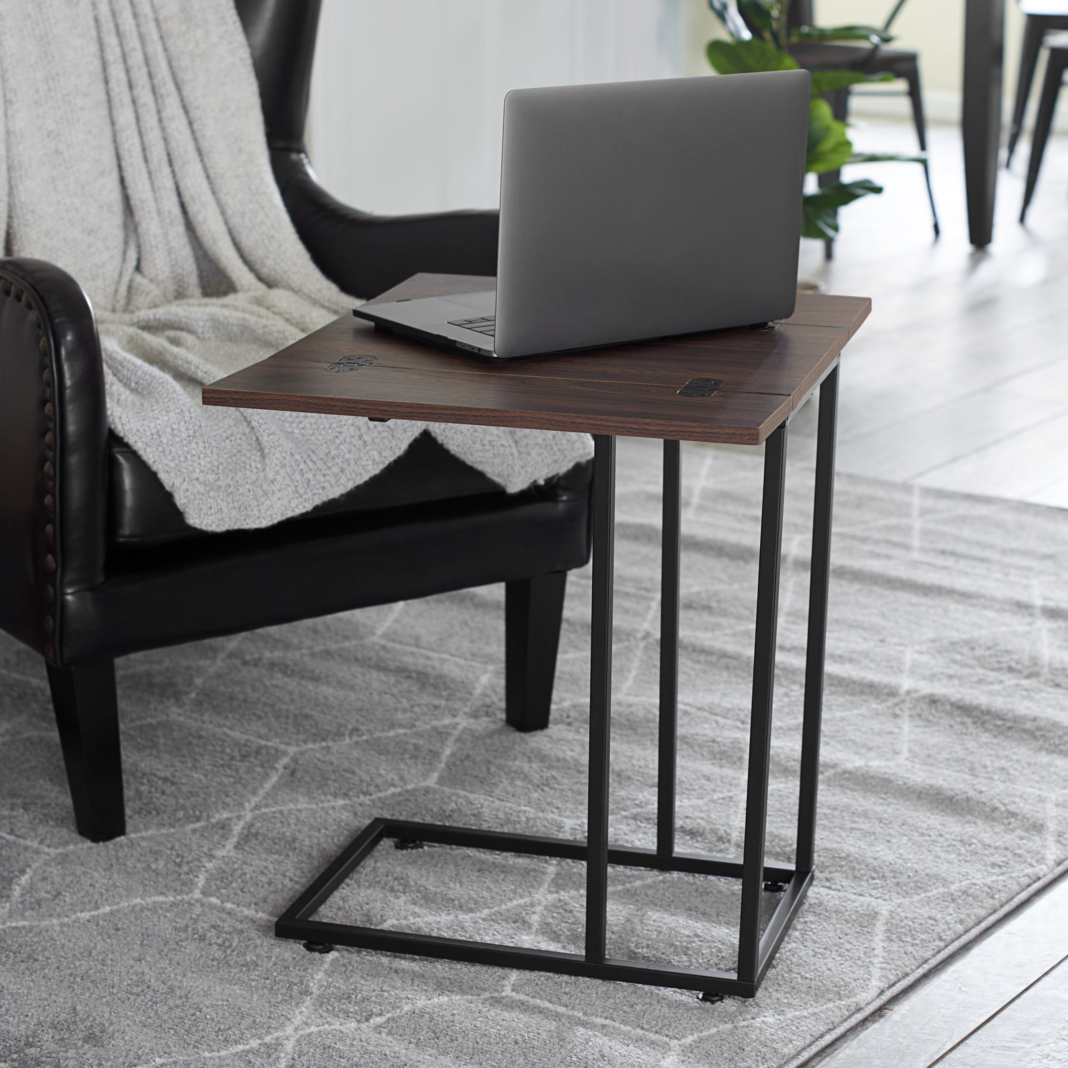 Household Essentials Jamestown Extendable C-Shaped for Accessiblity Side End Table Mid Century Walnut Wood Grain and Black Metal