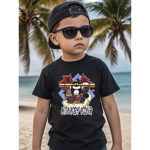children’s wear Retro Monkey King Graphic T-Shirt for Boys, Cool Sun Wukong Mythical Hero Black Cotton Tee for Kids and Toddlers
