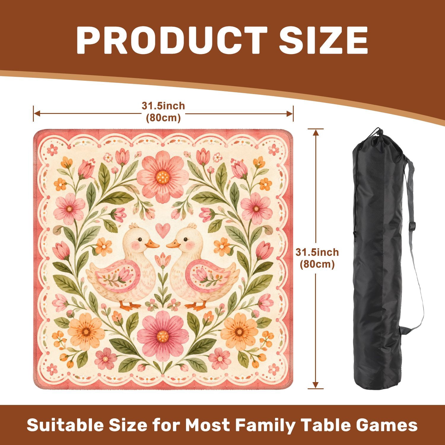 Mahjong Mat 31.5" x 31.5" Folk Art Ducks Pink Flowers Green Leaves Non-Slip Noise Reduction Mahjong Tiles Table Cover for Dominoes Poker Card Board and Tile Games