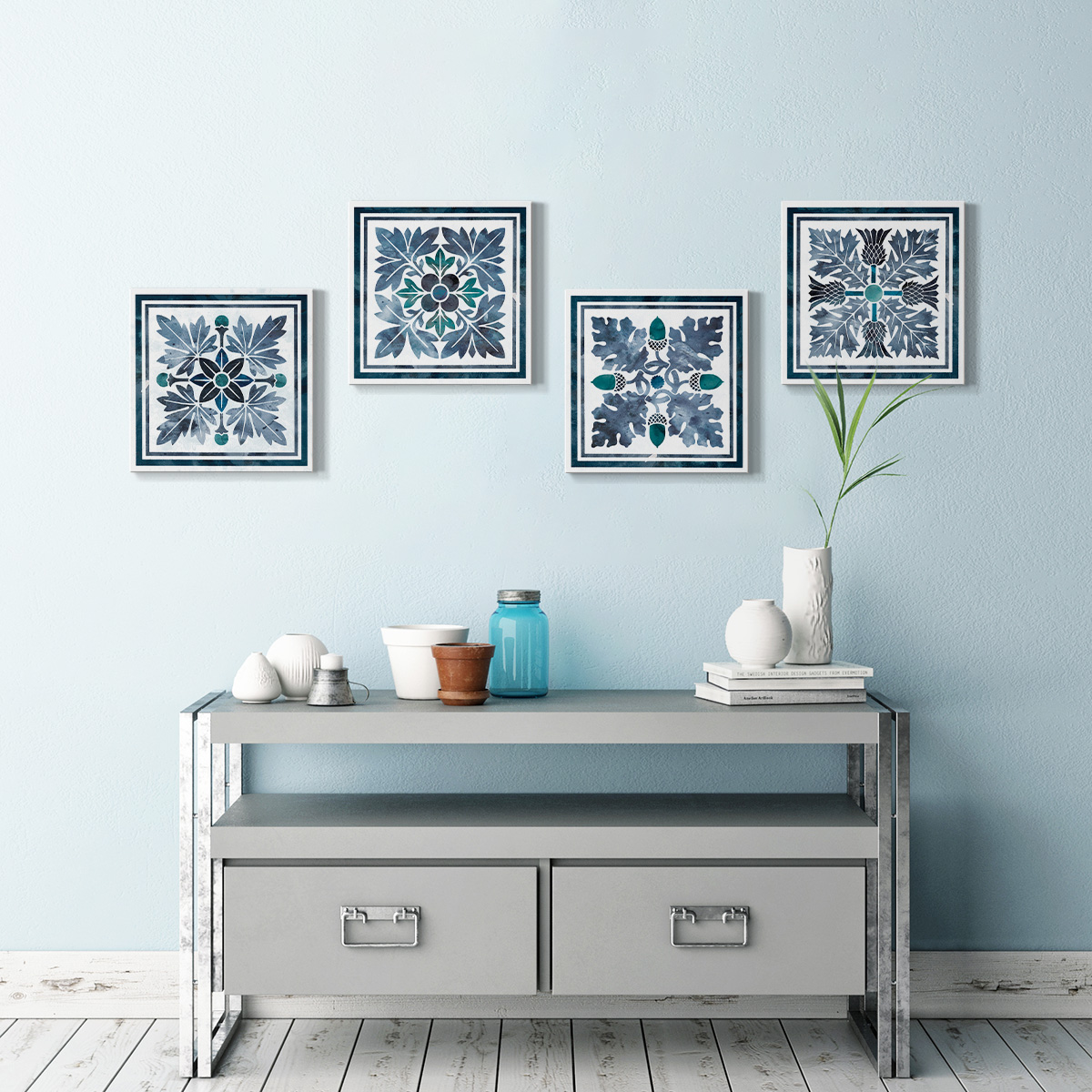 Wexford Home Abstract Wall Art Flower Bluie Pattern Prints 16 x 16 inch Each Panel, Set of 4 Wall Décor for Bedroom Bathroom Living Room