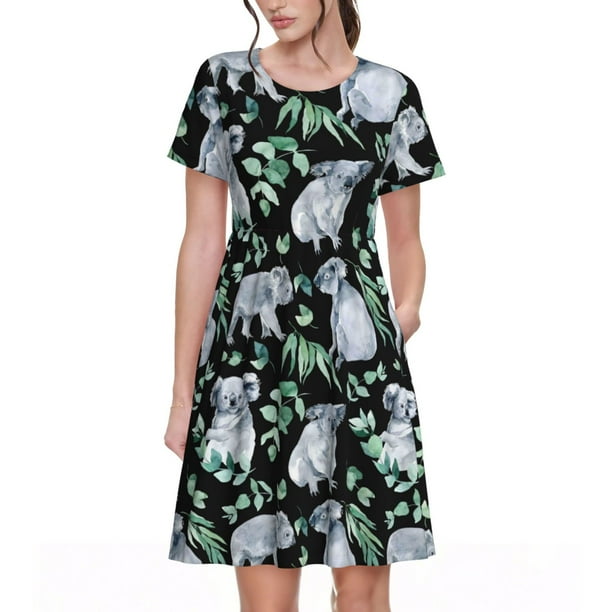 Balery Cartoon Koala Bear Vestidos sueltos de manga corta para mujer, vestidos de verano 2025, vestidos casuales de corte A con vuelo.