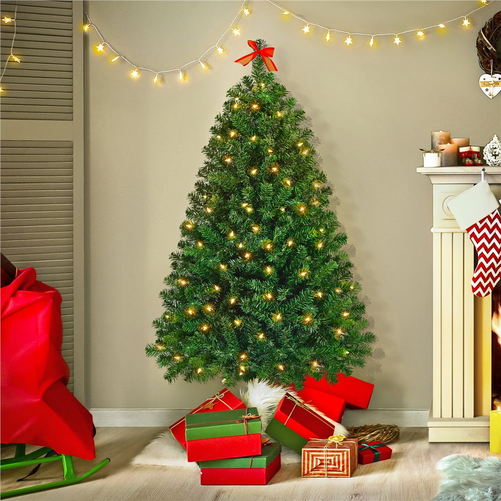 Easyfashion 4.5 Ft Pre-lit Spruce Artificial Christmas Tree Foldable Holiday Decorative Tree with 300 incandescent lights, Green