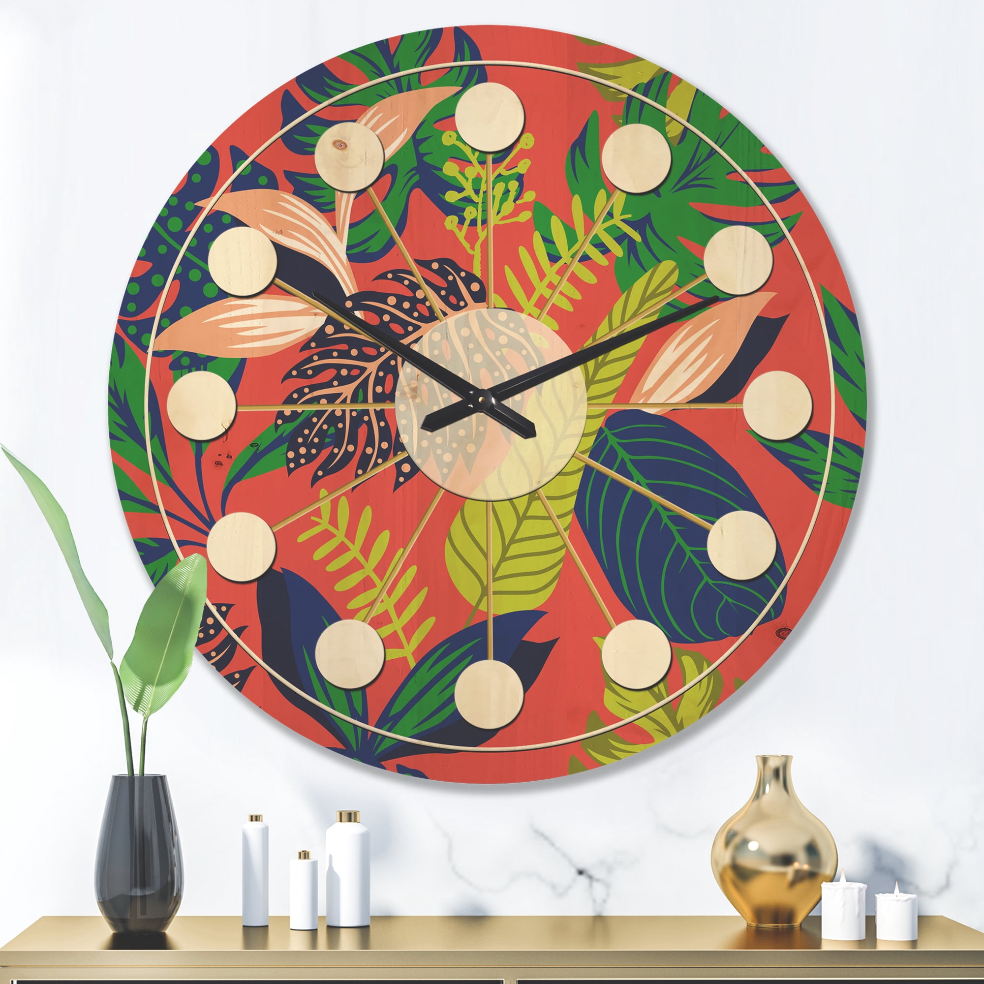 Designart 'Tropical Leaves Retro Pattern I' Mid-Century Modern Wood Wall Clock