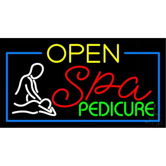 Yellow Open Spa Pedicure LED Neon Sign 20 x 37 - inches, Black Square Cut Acrylic Backing, with Dimmer - Bright and Premium built indoor LED Neon Sign for Spa interior decor and storefront.