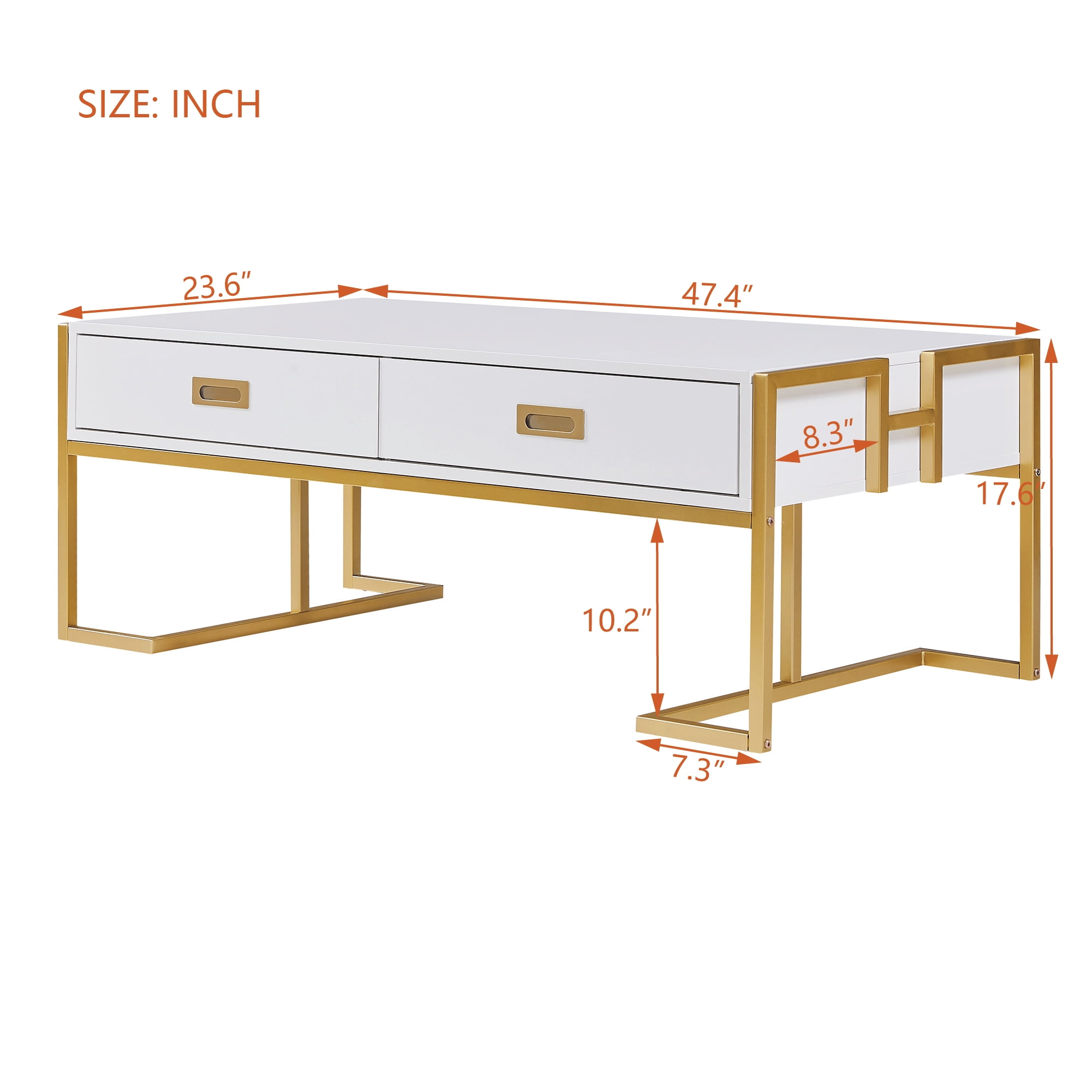 Euroco Modern White Rectangular Coffee Table with 4 Drawers and Gold Base in 47.3"