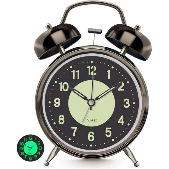 shiyou-Loud Alarm Clock for Heavy Sleeper, Clocks for Bedroom, 4'' Battery Operated Metal Clocks with Night Light, Retro Analog Clock for Student with Luminous dial Non-Ticking, Back to School