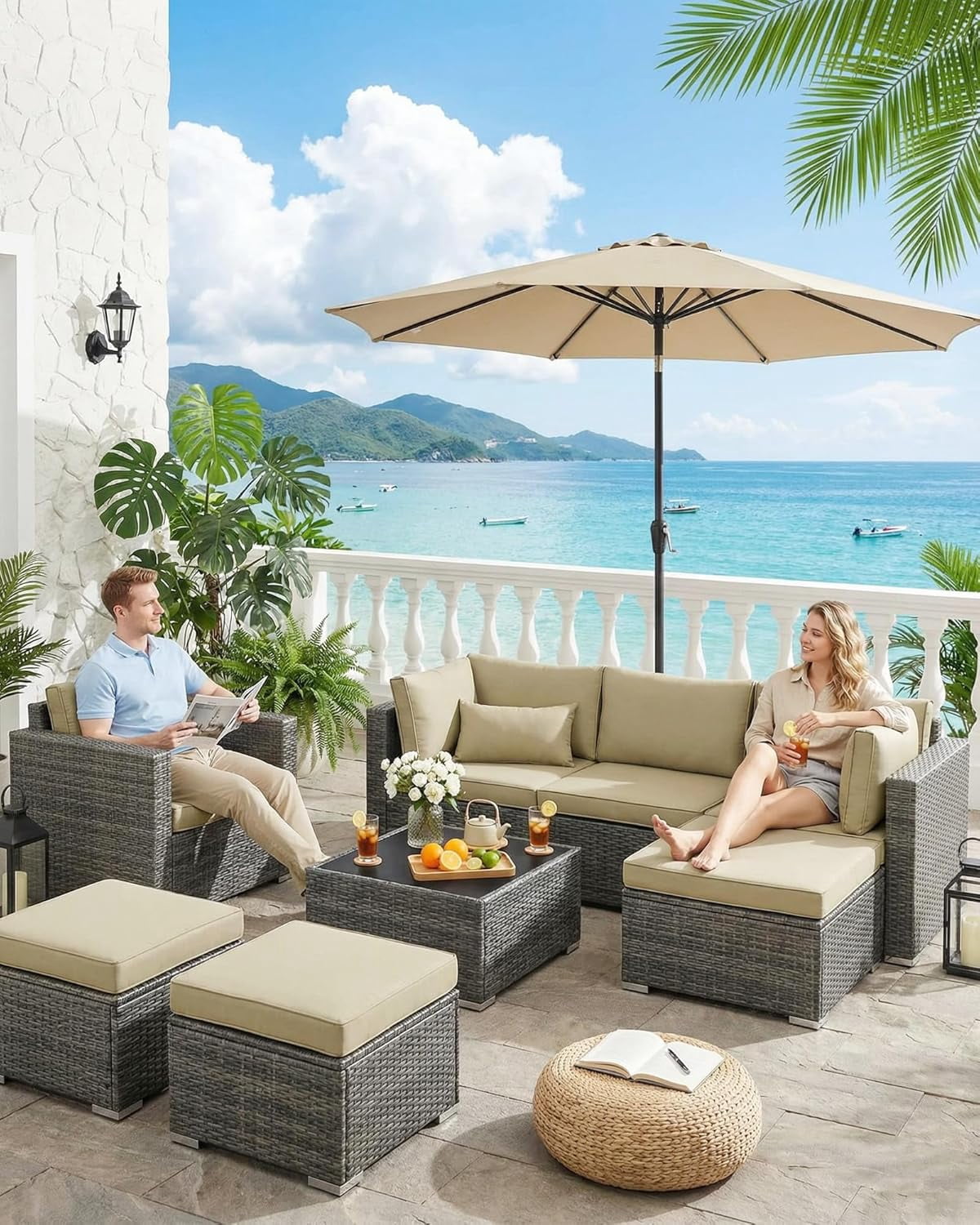 SOLLED 9FT Patio Umbrella with Push Button Tilt & Crank, Outdoor Market Table Umbrella with 8 Ribs for Garden Backyard Deck Pool,Brown