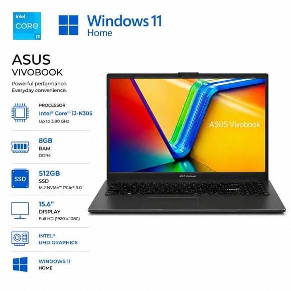 ASUS 15.6" FHD Laptop | Intel Core i3-N305 / 8GB RAM / 512GB SSD / Intel UHD Graphics / Windows 11 Home / Bilingual Keyboard(RENEWED)