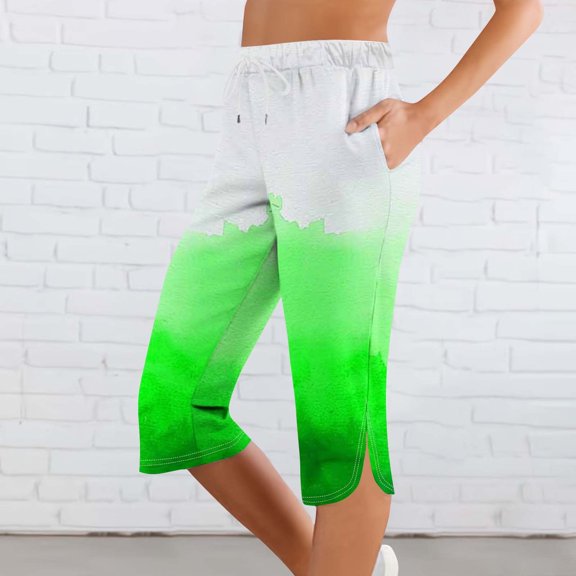 JUSLIO Capris for Women with Pockets, Fashion Print Elastic Waist Drawstring Workout Casual Split Hem Capri Pants