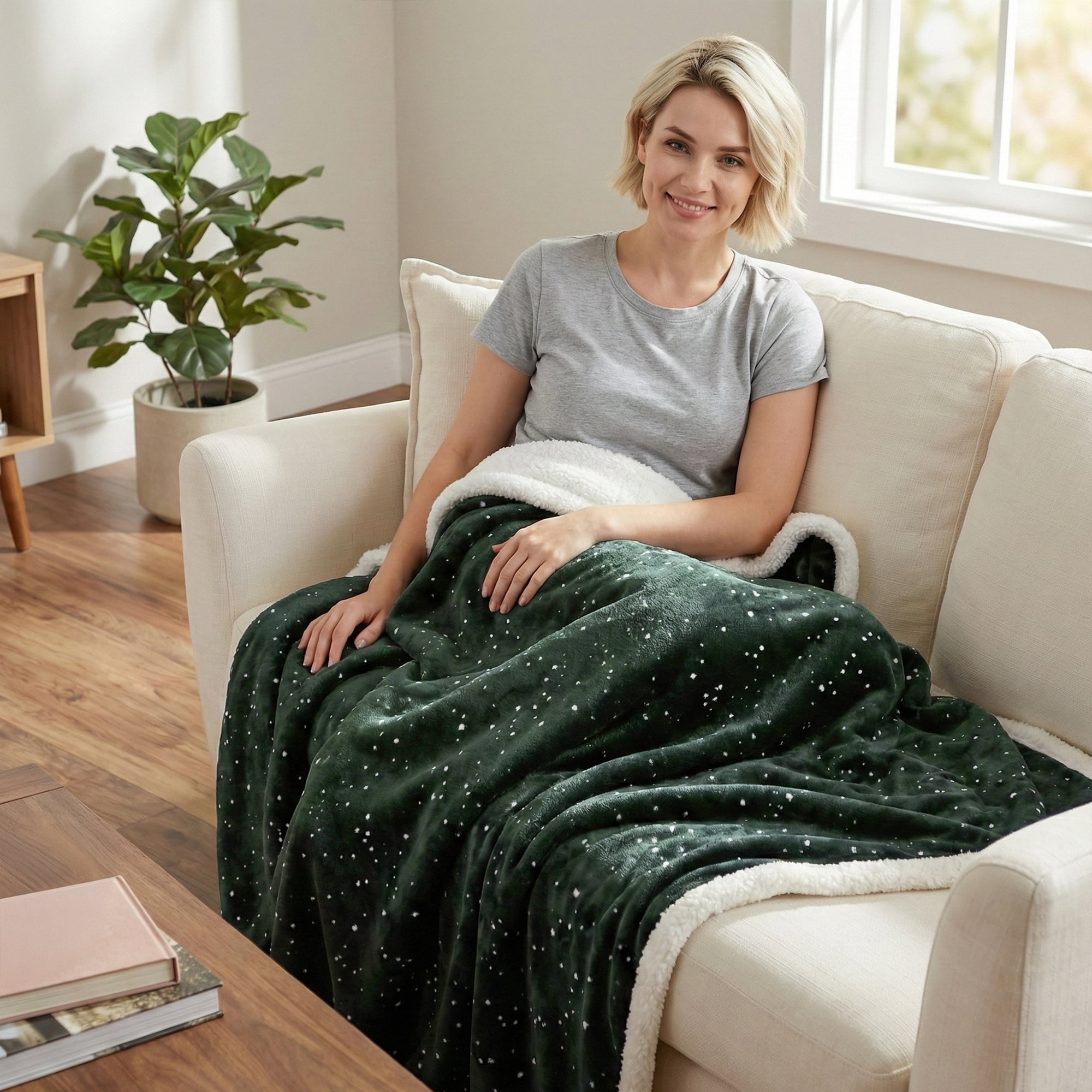 Americanflat 50x60 Printed Fleece and Reverse Sherpa Throw Blanket - Speckle Pattern - Reversible Design - Cozy Comfort for Couch or Bed - Green