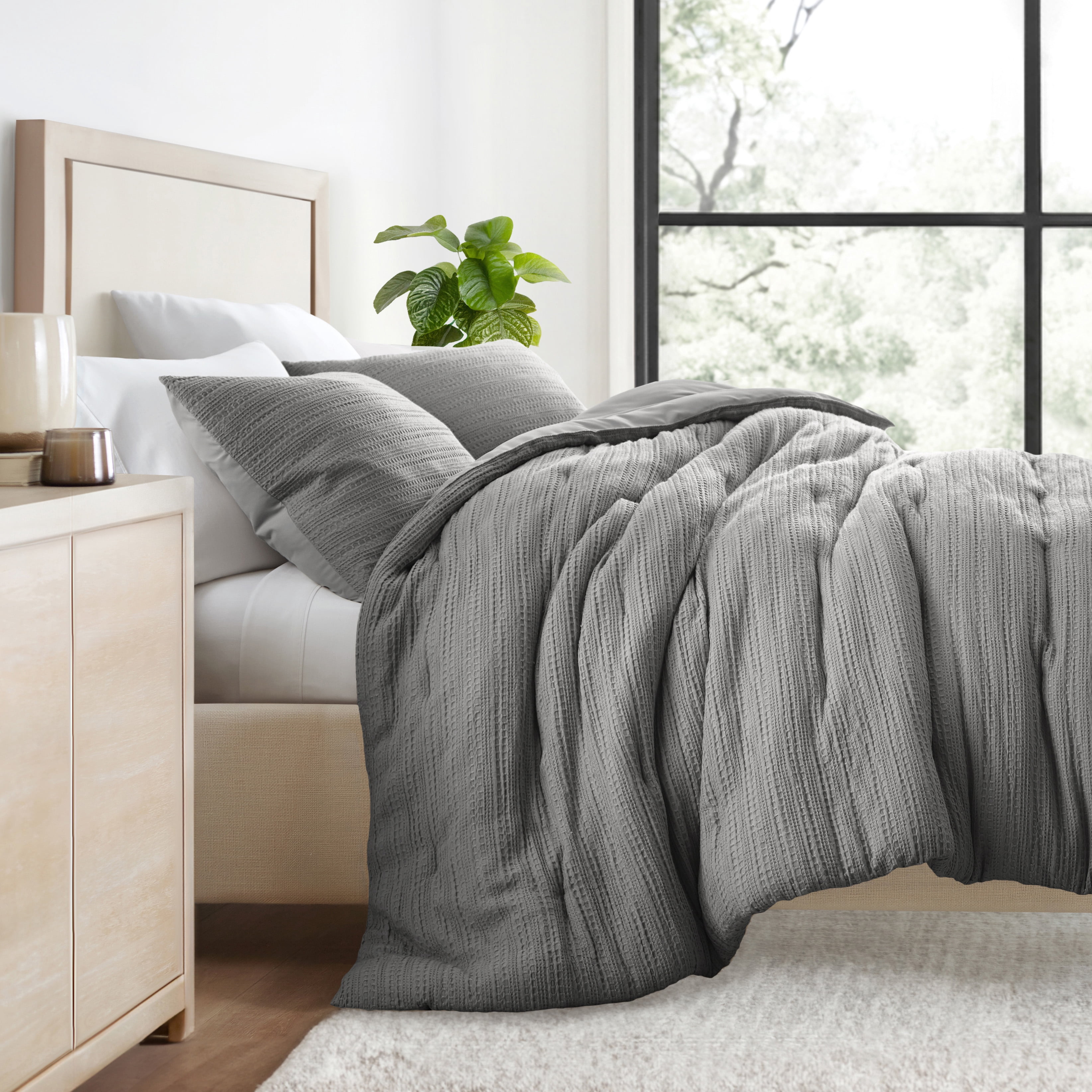 Textured Waffle Comforter Set in Fog Gray for Full/Queen Size Bedding by Comfort Canopy