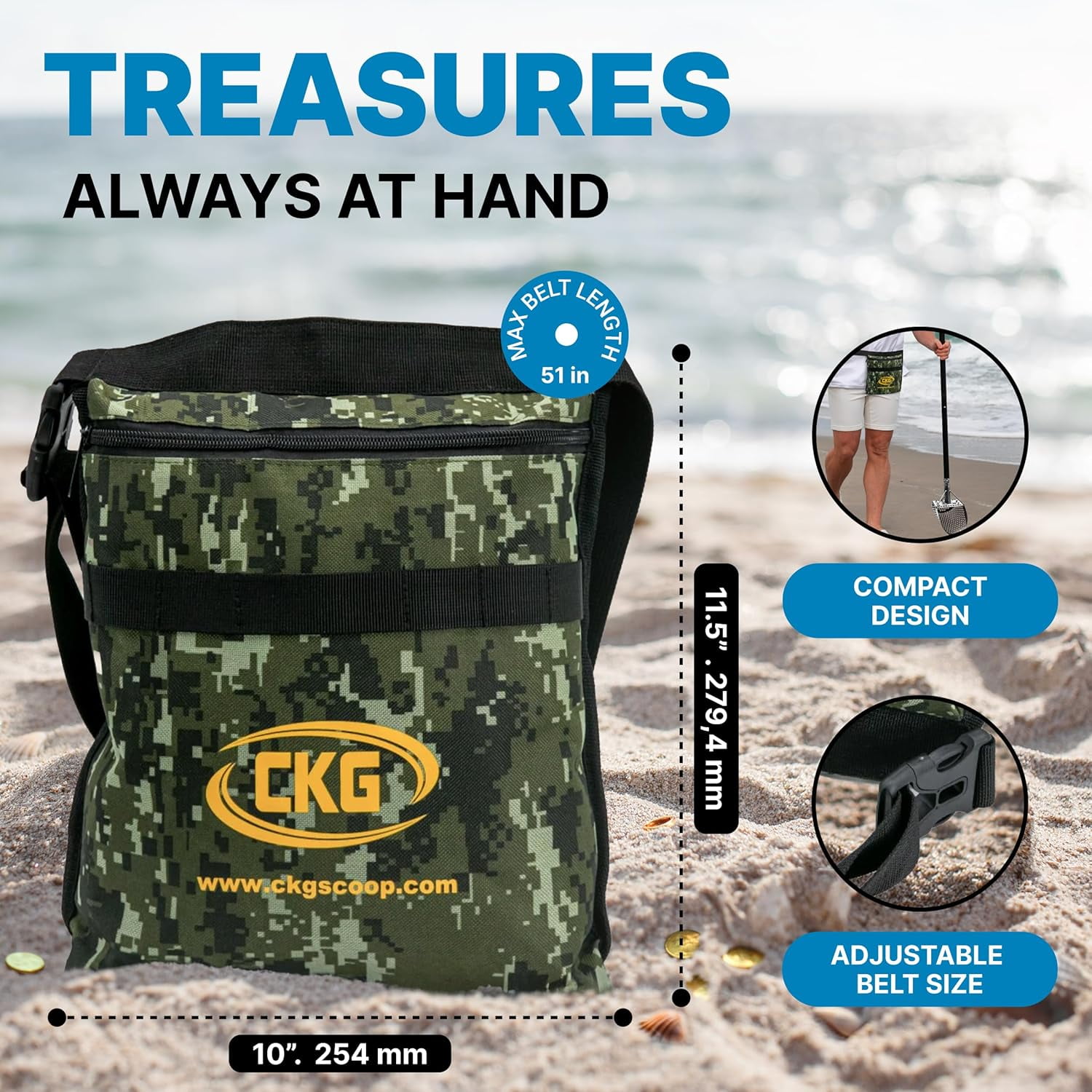 CKG Sand Scoops for Beach Metal Detecting Stainless Steel Beach Metal Detecting Shovel Underwater Treasure Hunting, Metal Detector Accessories(Bag + Scoop + Carbon Fiber Handle), (9x6 + Handle)