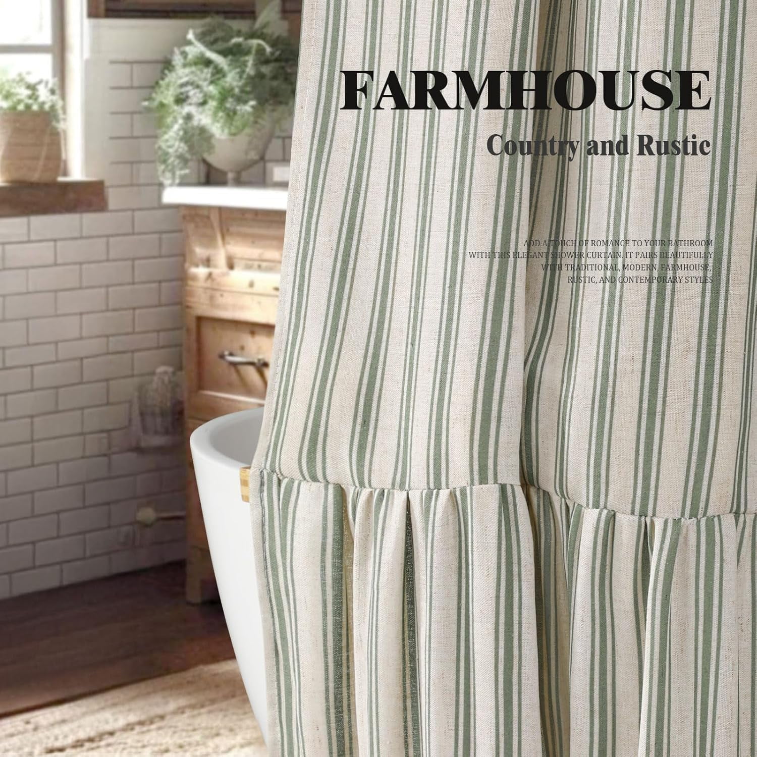Farmhouse Shower Curtain with Ruffle Hem Linen Shower Curtains for Bathroom Country Vintage Rustic Natural Fabric, Cream-Green Stripe 72" W x 72" L