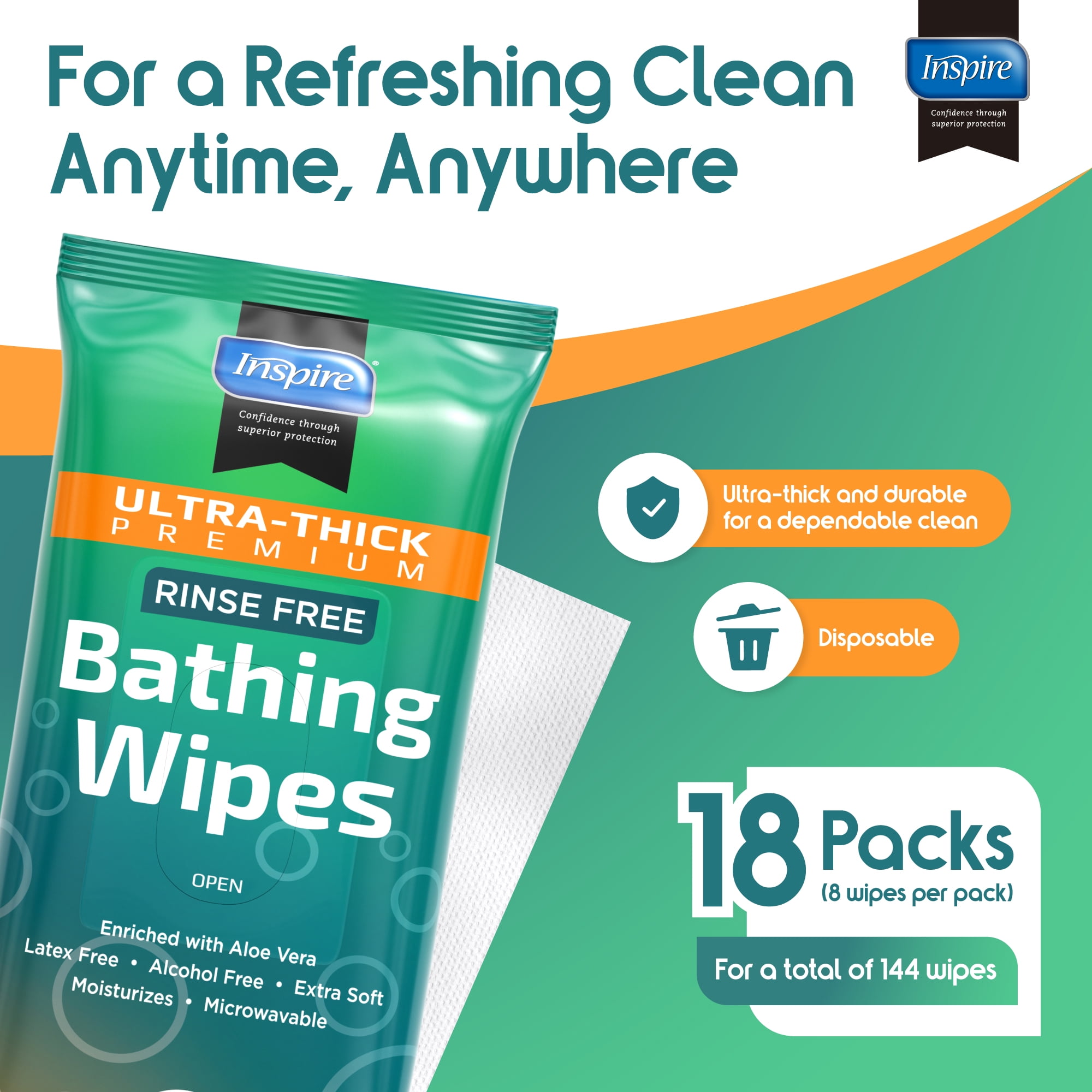 INSPIRE Thick Rinse Free Adults Bathing Wipes- Wet Wipes Thick Strong XL With Aloe, 18 Pack