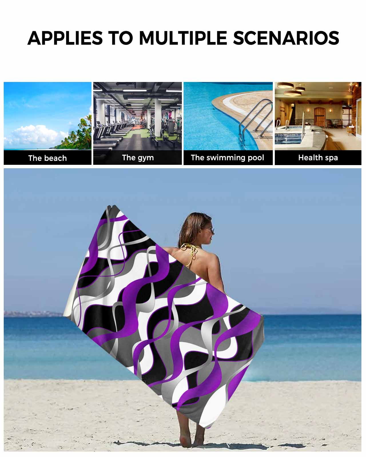 Purple Stripe Bath Towels for Bathroom Set,Luxury Microfiber Towels Gifts for Women,Beach Kitchen Hand Hair Face Towel and Dish Washcloth,Black Grey White Gradient Striped Geometric Towels+Set