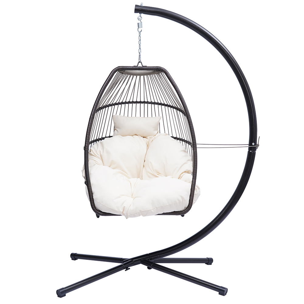 Hanging Chair with Stand, Outdoor Patio Wicker Hanging Egg Chairs, UV Resistant Hammock Chair with Comfortable Beige Cushion, Durable Indoor Swing Chair for Bedroom, Garden, Backyard, 350lbs, L3955 - image 2 of 7