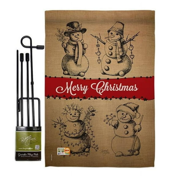 Breeze Decor BD-XM-GS-114114-IP-BO-D-US16-BD 13 x 18.5 in. Snowman Fun Burlap Winter Christmas Impressions Decorative Vertical Double Sided Garden Flag Set with Banner Pole